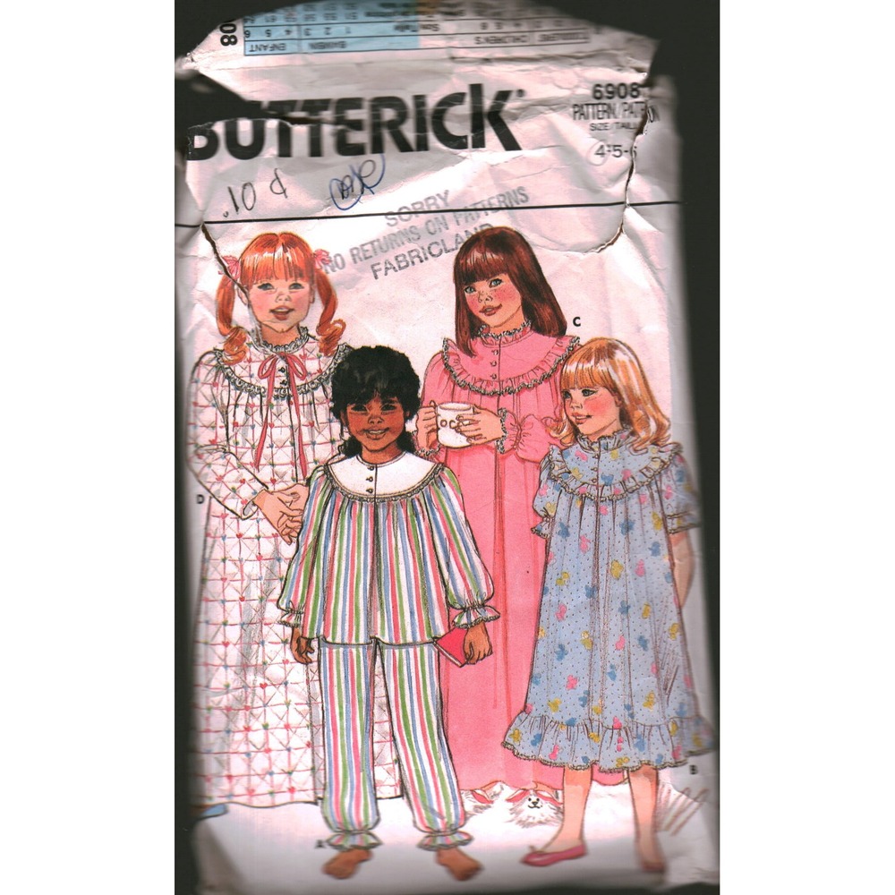 Vintage Butterick 6908 Kids Pajamas Robe Nightgown Sewing‎ Pattern Size 4
